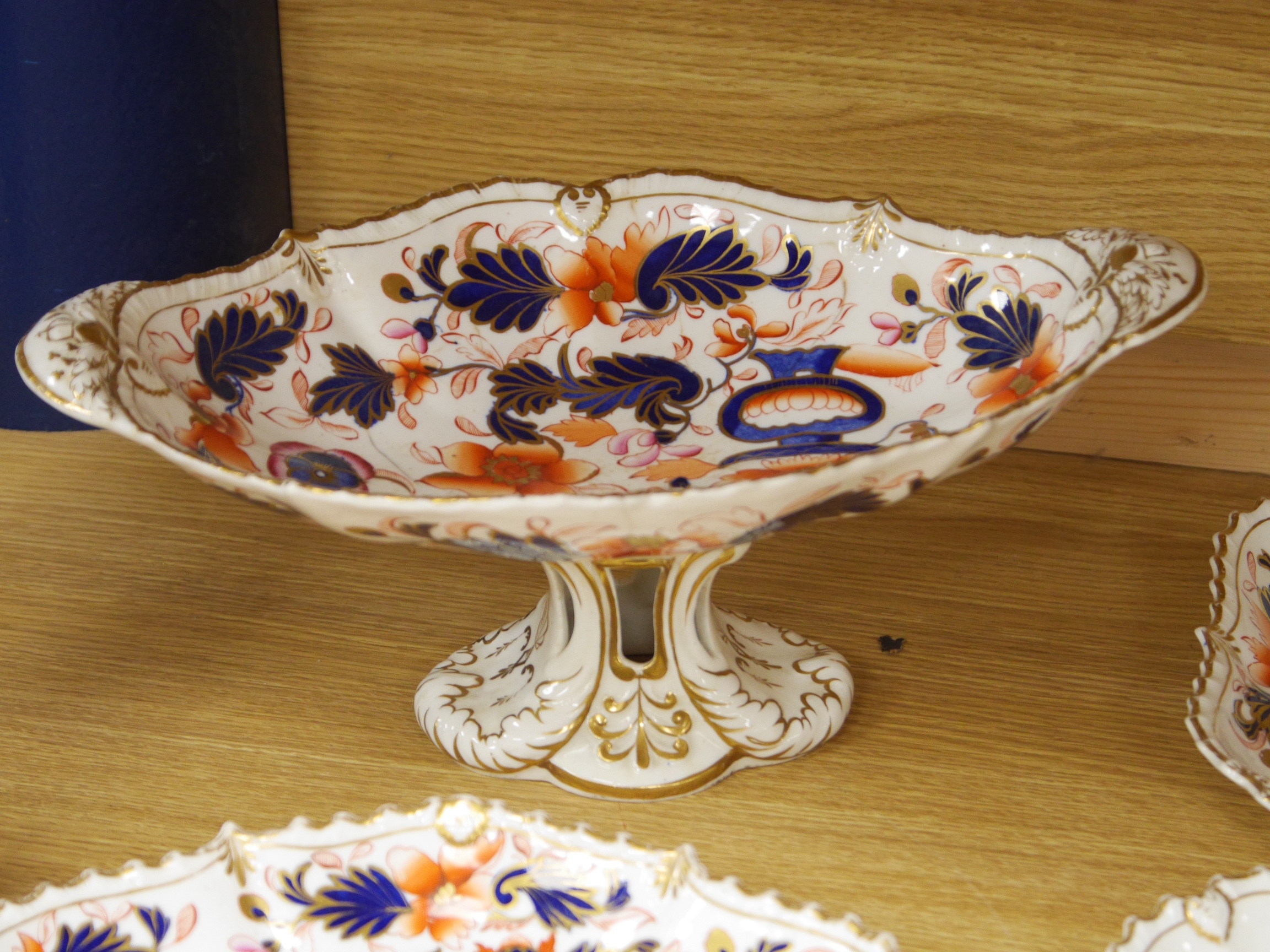 An early 19th century English porcelain Imari pattern part dessert set, possibly Coalport, Condition - fair to good